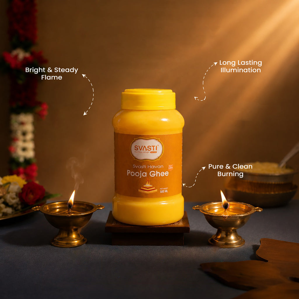 Yellow container labeled 'Svasti' with decorative elements and text highlighting features on a dark background.
