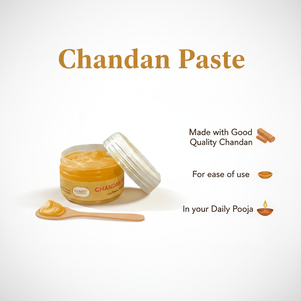 Chandan Paste in a clear jar with its lid leaning beside it, shown on a white background with a wooden spoon holding some paste. Text reads 'Chandan Paste' and includes product benefits in English.