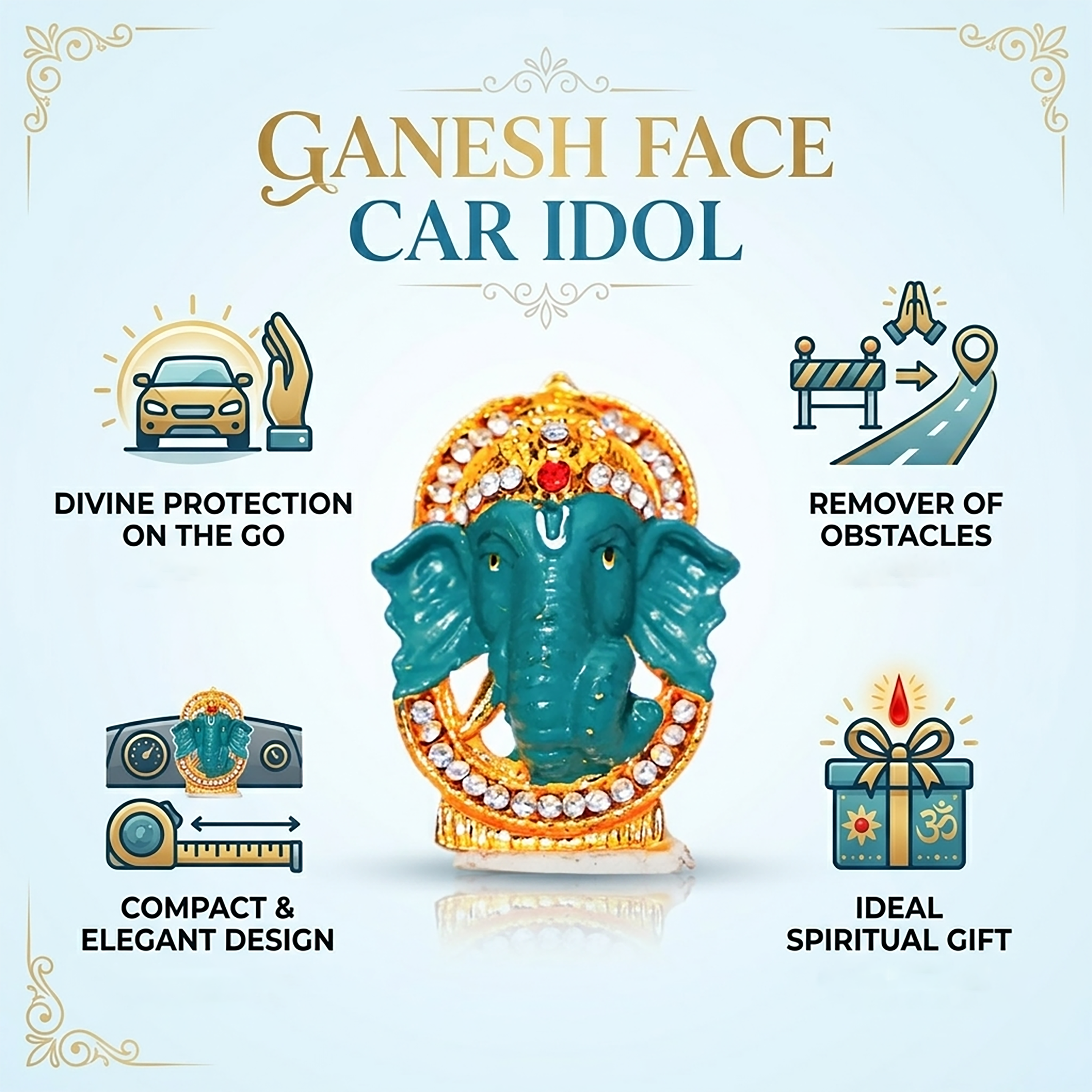 Teal Enamel Ganesha for Car Dashboard
