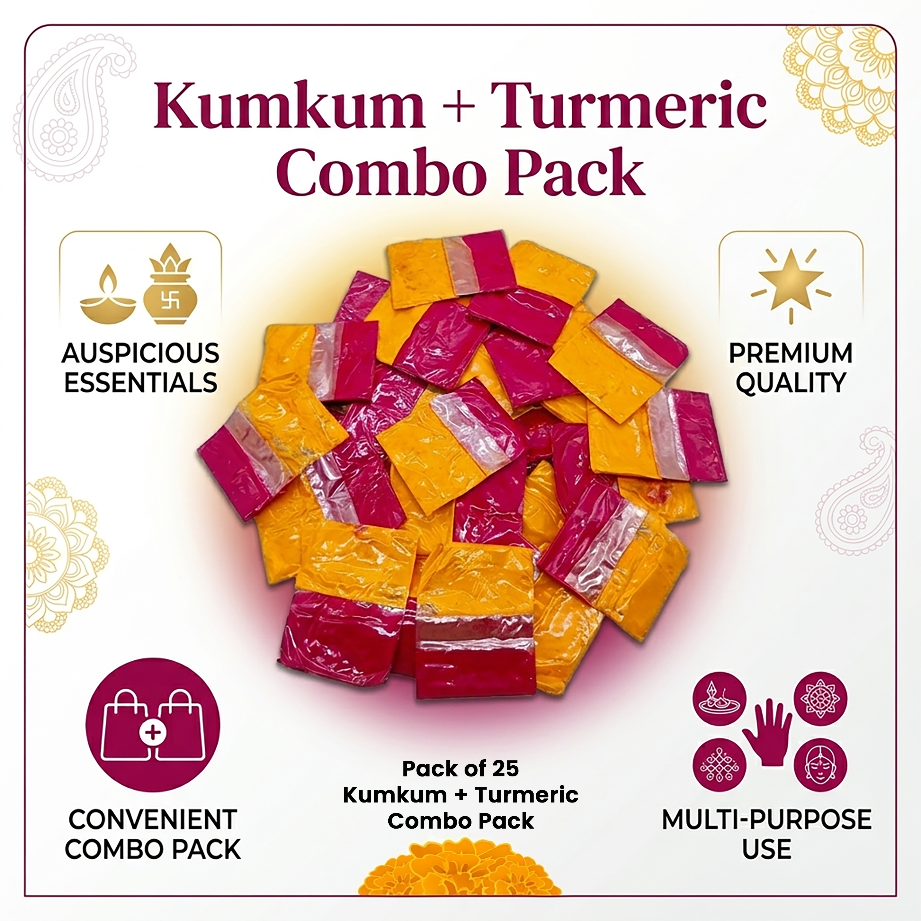 Traditional Kumkum and Turmeric Combo (Pack of 25 Pcs)