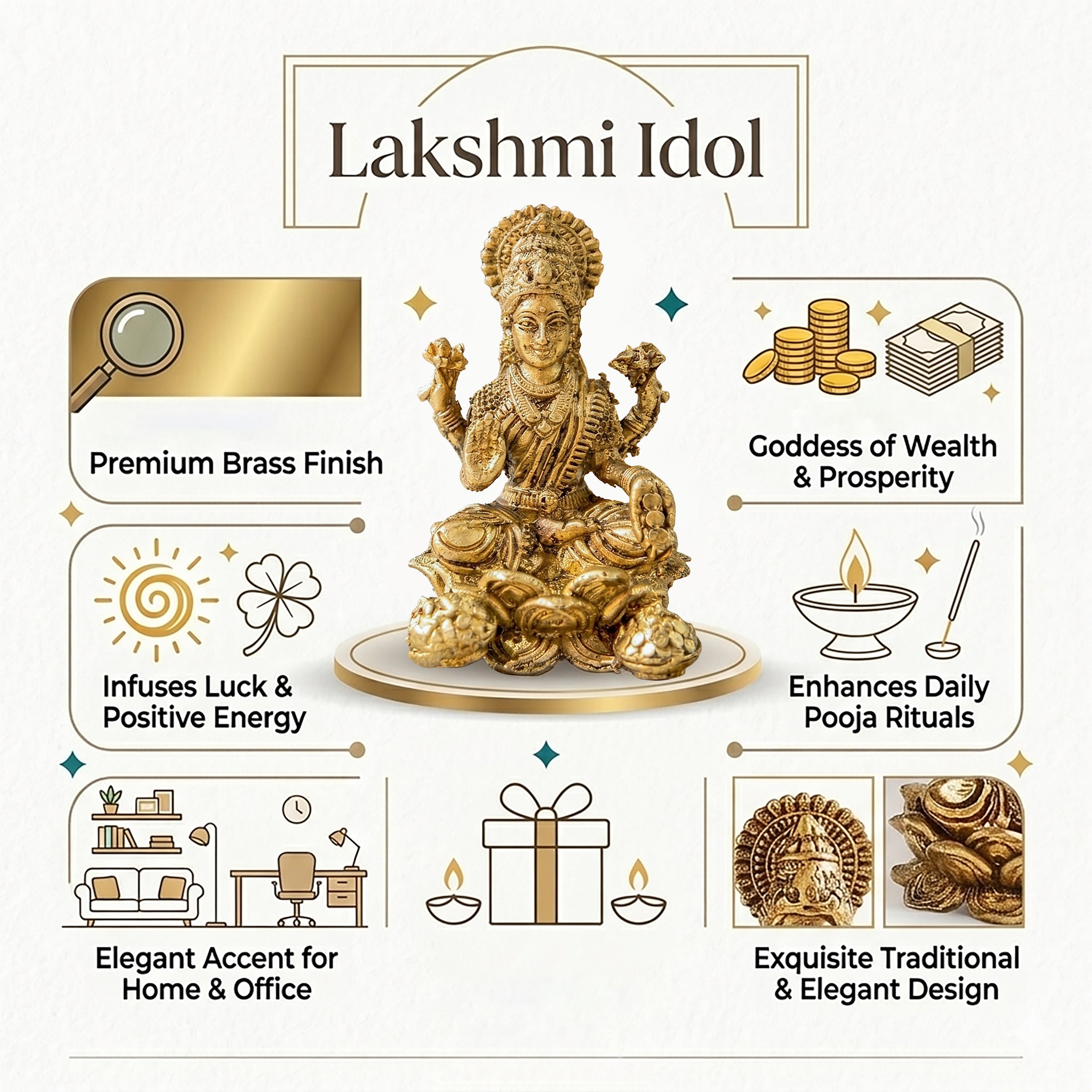 Brass Lakshmi Idol Seated on Lotus