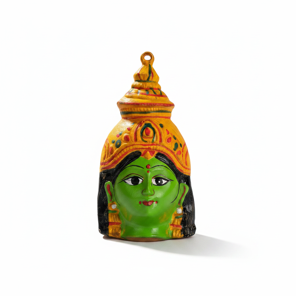 A small decorative figurine of a green-skinned female face with an ornate yellow and orange headdress, placed on a wooden surface with scattered white rice grains and yellow powder, against a red draped background and a blurred brass bell.