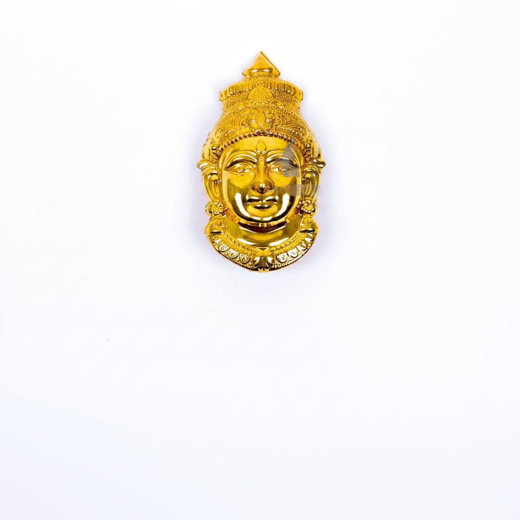 A brass lakhmi face idol with intricate details, primarily gold in color, used for worship and aesthetic purposes.