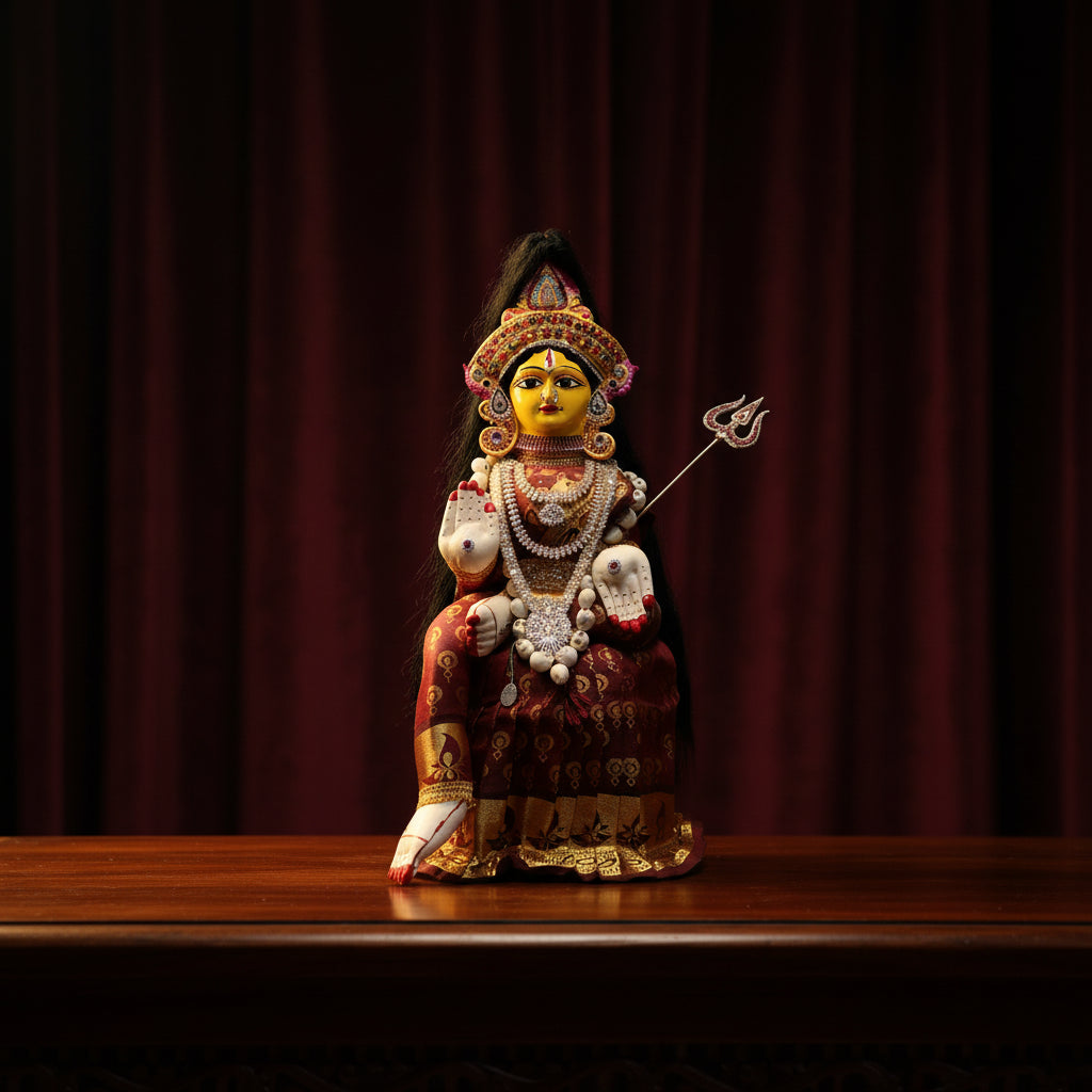 A decorative Hindu deity doll, likely representing Goddess Lakshmi, featuring a yellow face, long black hair, a red and gold patterned sari, ornate jewelry, and a trident, set against a textured yellow background.