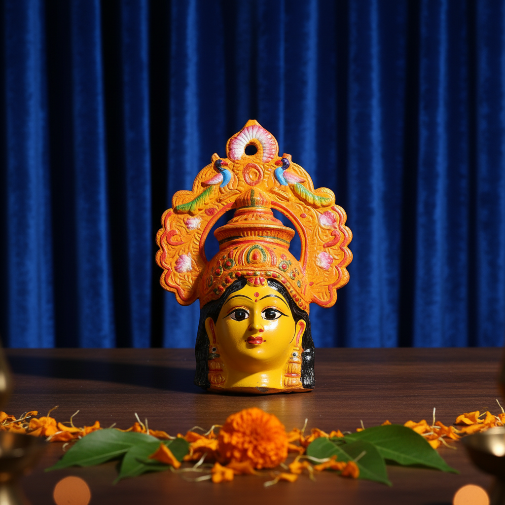 A colorful decorative figurine of a Hindu deity face with an ornate yellow and orange crown, shown against a dark gray gradient background.