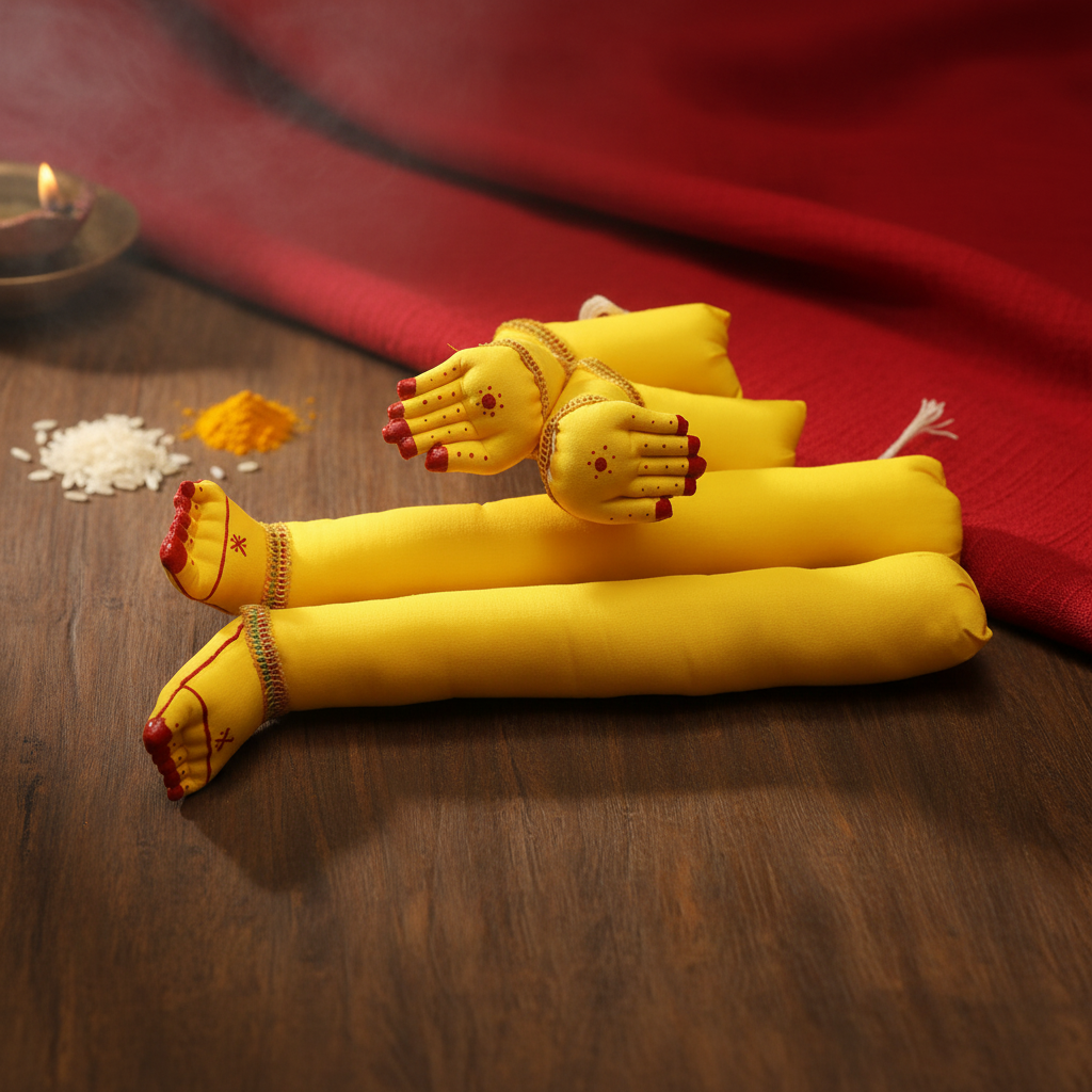 A pair of yellow and white fabric hands and legs with decorative details, placed on a green background.