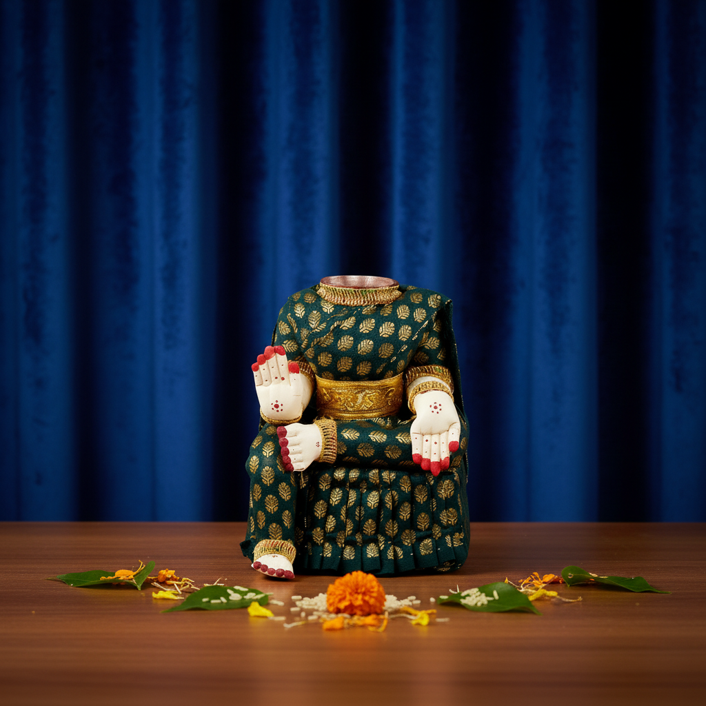 A miniature decorative figurine of a seated figure in a dark green and gold patterned robe with white hands and red accents, centered on a dark gray gradient background.
