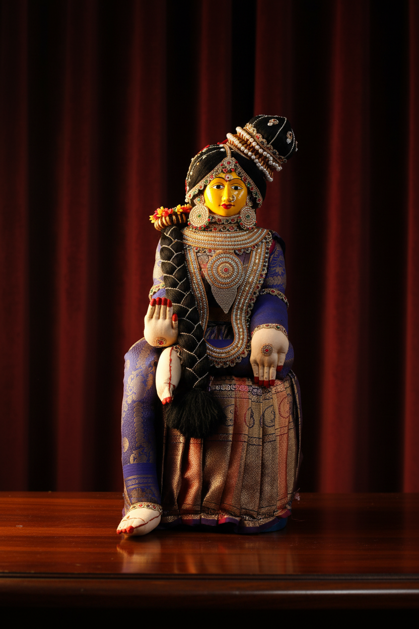 A traditional seated figurine or doll with a yellow face, black and silver patterned clothing, and blue leg coverings, posed on a wooden surface against a dark red curtain background.