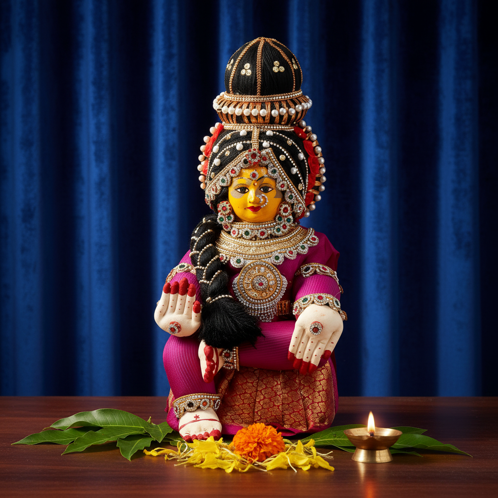A traditional Indian deity figurine, likely representing Golu or a similar folk saint, adorned with elaborate jewelry, a decorated headdress, and a magenta and gold robe, set against a dark gray gradient background.