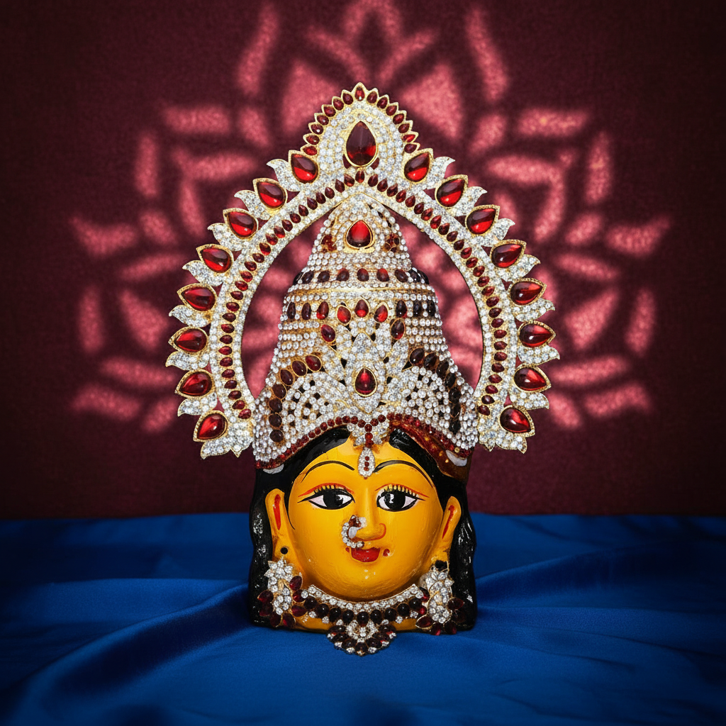 A decorative religious wall plaque depicting the face of the Hindu goddess Lakshmi, adorned with a large gold crown embellished with red gemstones and white stones, set against a textured gray slate background.