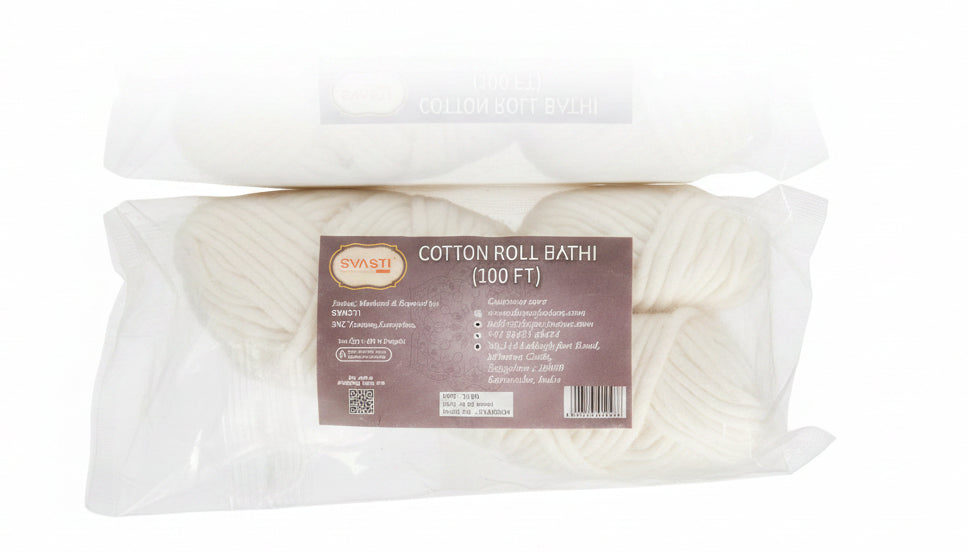 White cotton roll bath in packaging with a label on a dark background