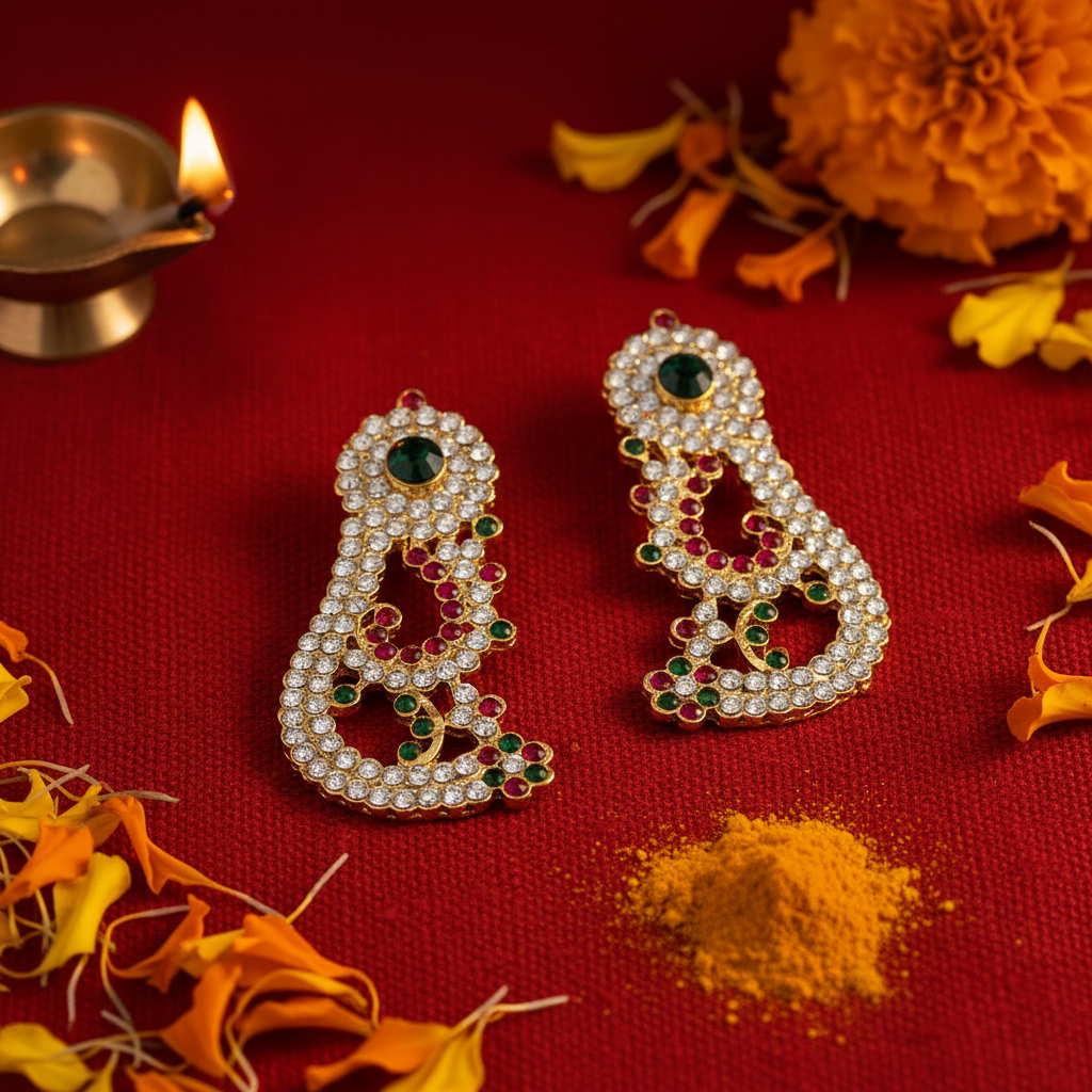A pair of ornate gold-toned earrings embellished with clear stones, green and red gemstones, and white pearl-like beads, displayed on a red fabric background with orange flower petals, a small brass diya, and a pile of orange powder.