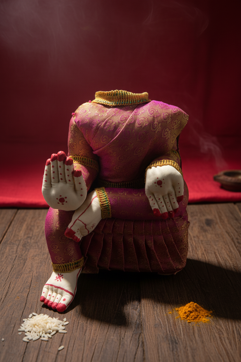 A traditional Indian clay idol of Golu, the goddess of fertility, seated on a wooden floor with rice and turmeric powder nearby, set against a dark red background with smoke.
