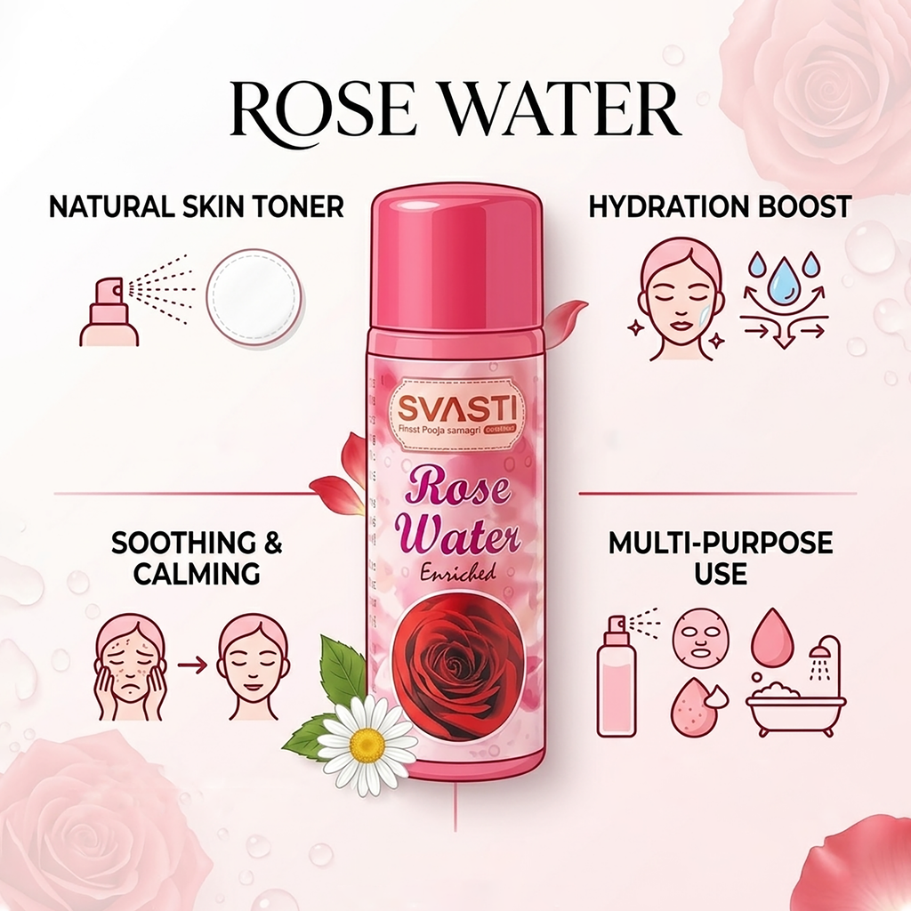 Svasti Rose Water bottle with benefits on a white background.