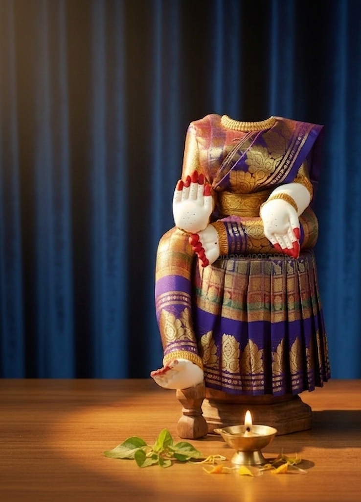 A decorative seated figurine wearing an ornate purple and gold traditional outfit, displayed on a wooden surface with a small matching figurine beside it against a dark blue curtain background.