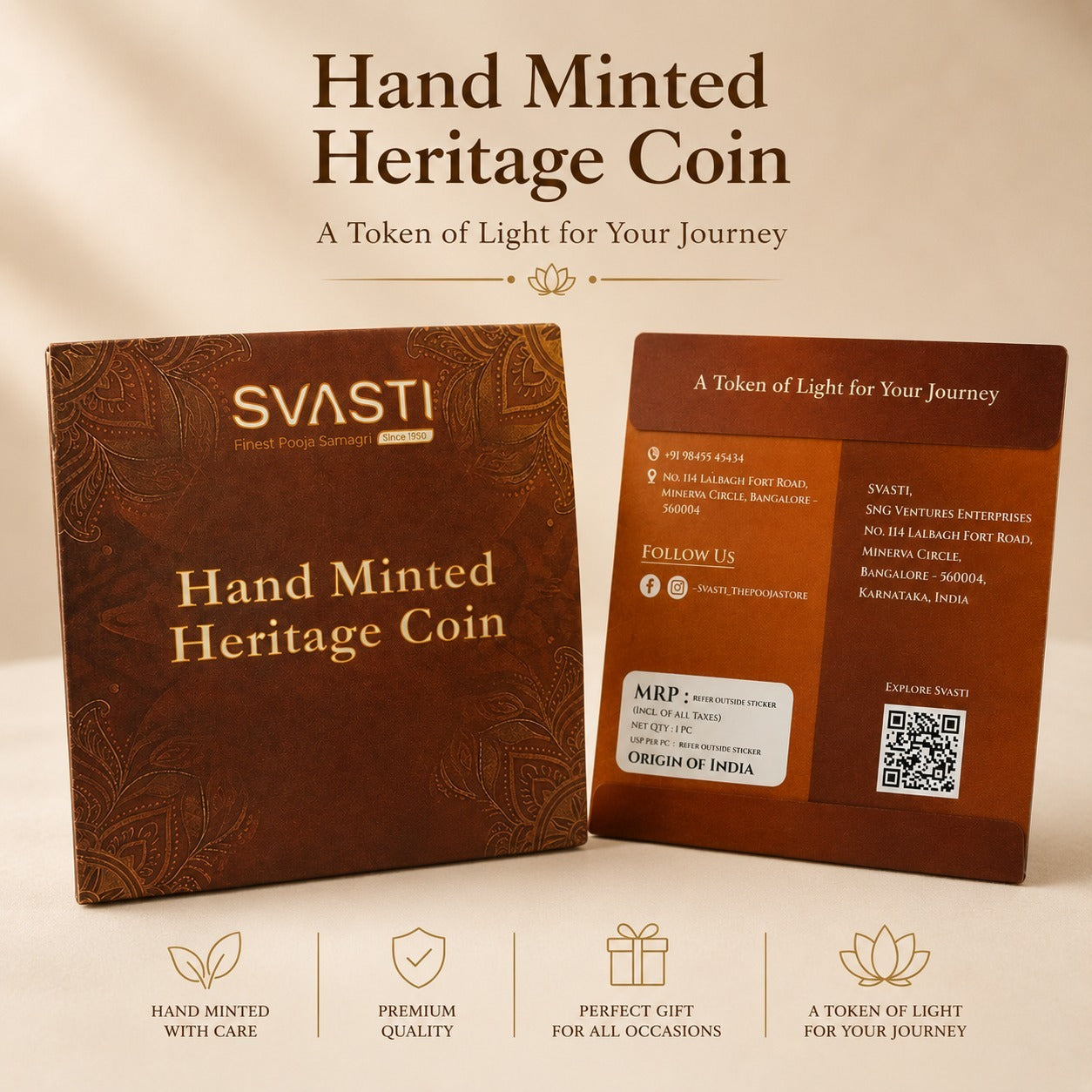 Hand minted heritage coin packaging with SVASTI branding on a beige background