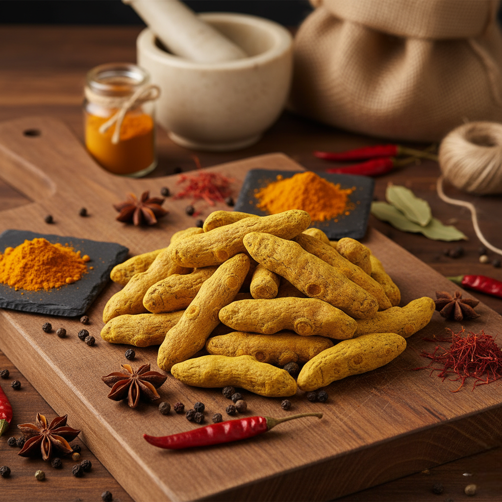 Turmeric roots on a wooden cutting board with spices and a jar of honey in the background.