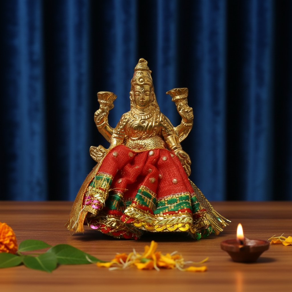 Brass Lakshmi Idol with Traditional Red Lehanga.