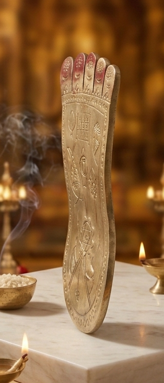 Three images of a metallic foot sculpture with intricate designs on a decorative background.
