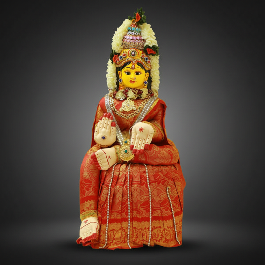 A seated Hindu deity statue, likely Lakshmi, wearing a red and gold patterned sari with white floral garlands and ornate jewelry, set against a dark gray gradient background.