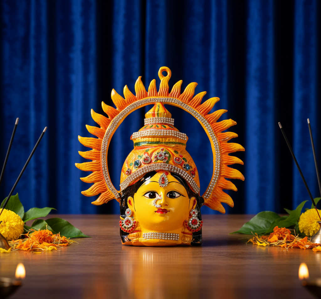 A colorful decorative figurine or wall hanging depicting a stylized face with a radiant yellow-orange halo, shown centered on a gray gradient background.