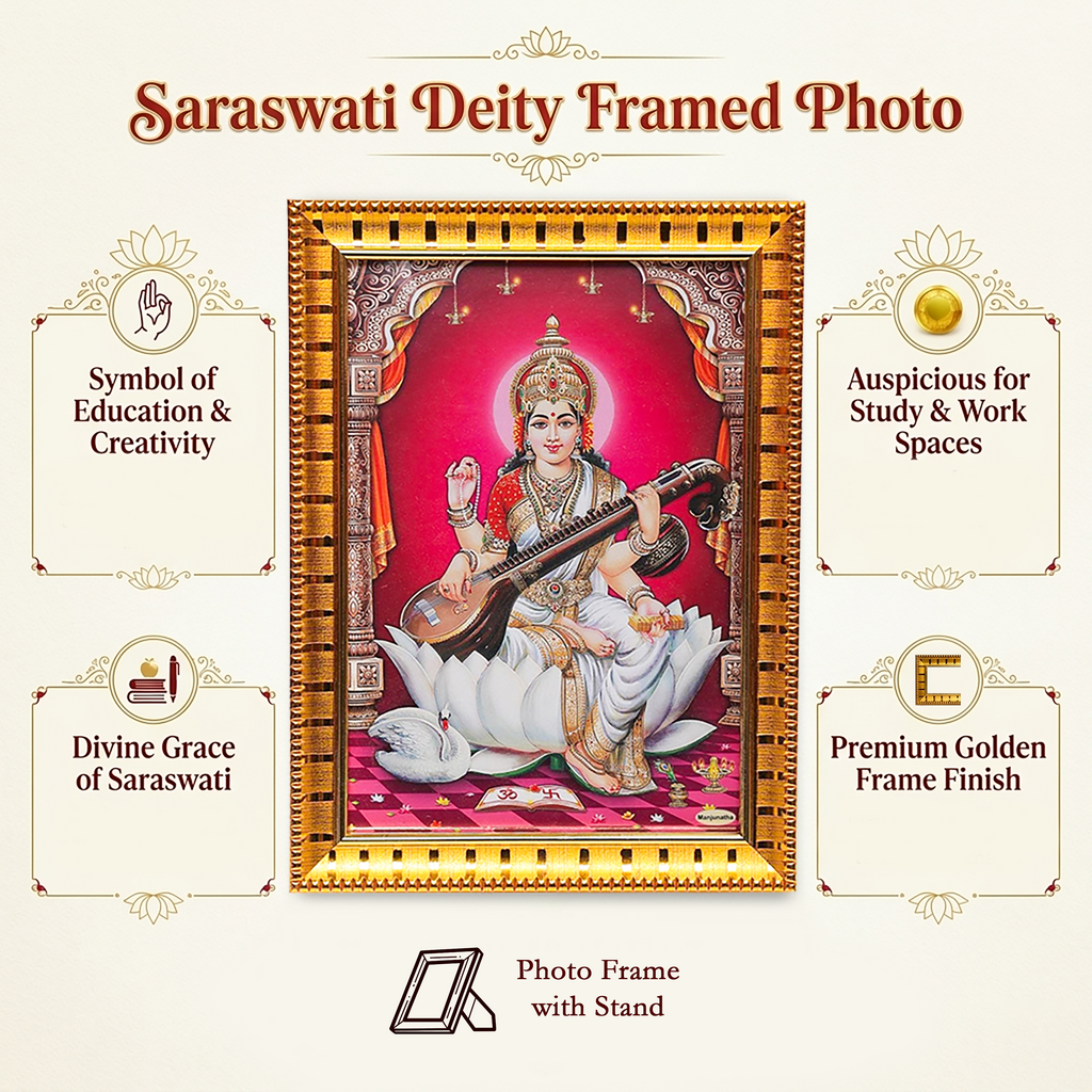 Framed photo of Saraswati Deity with decorative text on a white background