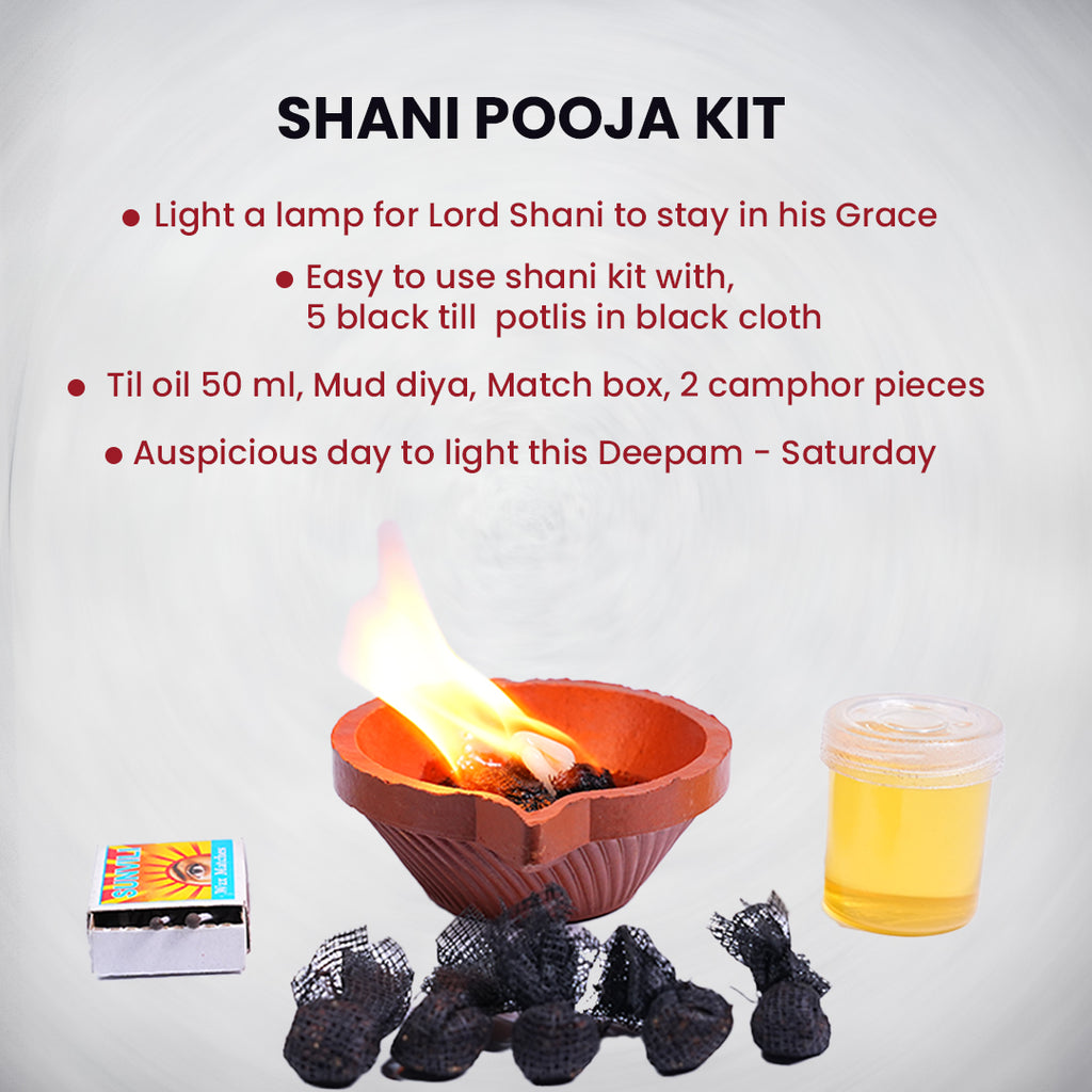 Shani Pooja Kit with lamp, til oil, matchbox, and other items on a white background