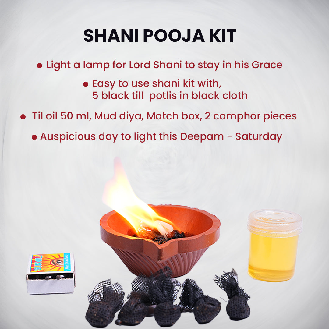 Shani Pooja Kit with lamp, til oil, matchbox, and other items on a white background