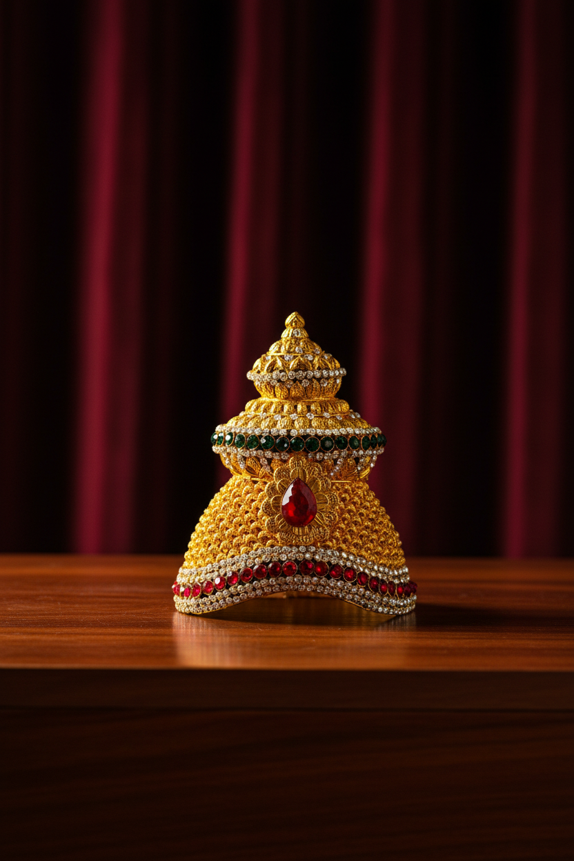 A decorative crown with a metal casing, featuring a combination of precious stones and colorful embellishments, displayed against a green background with similar decorative patterns.