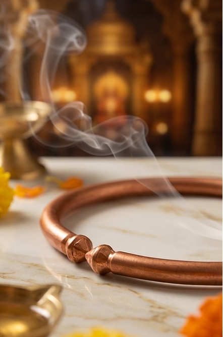 Copper rings and decorative items on a marble surface with a blurred background.