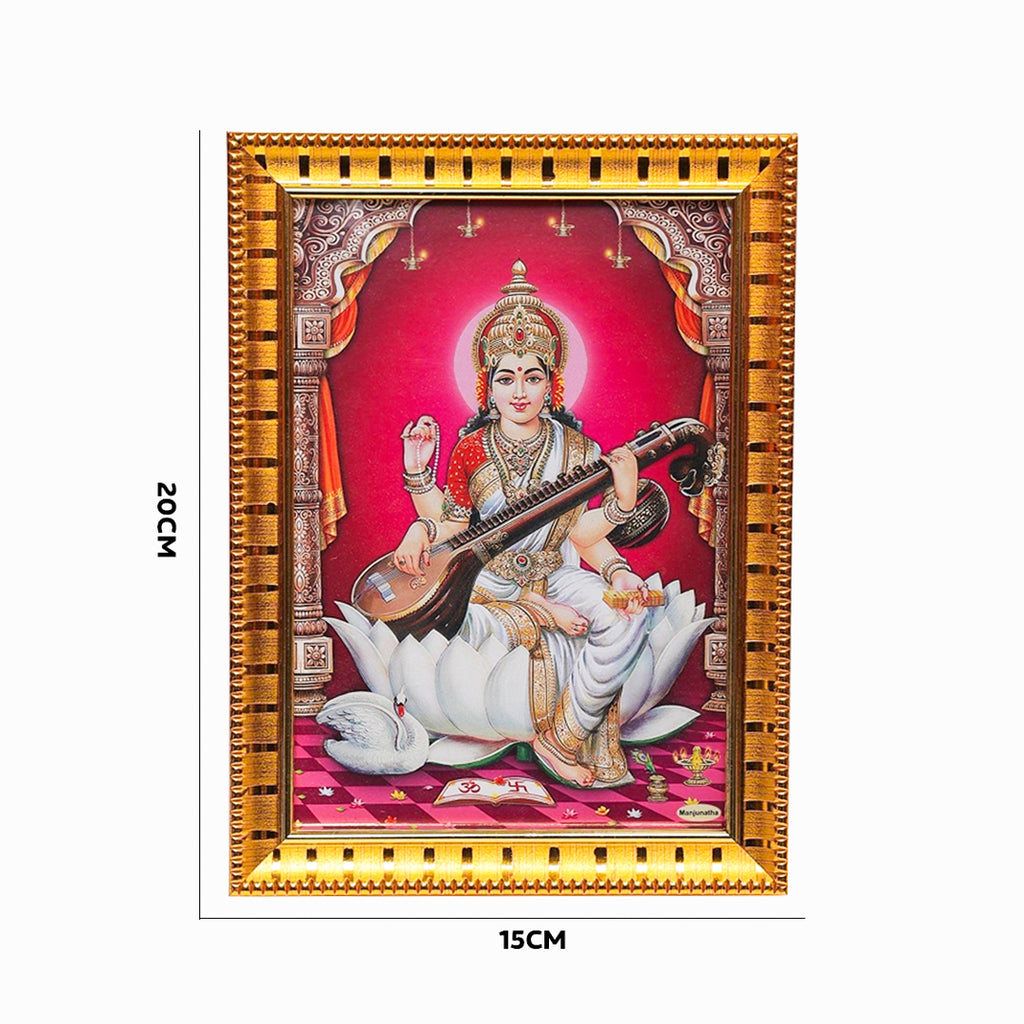 Framed artwork of a deity holding a musical instrument with gold frame and measurements.