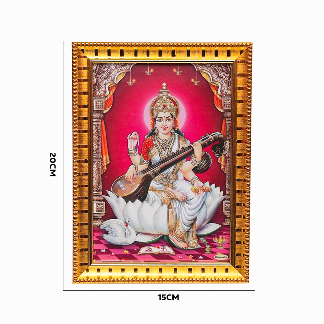 Framed artwork of a deity holding a musical instrument with gold frame and measurements.