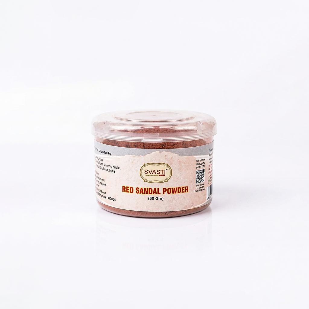 Jar of red sandal powder with 'Swasti' branding on a white background