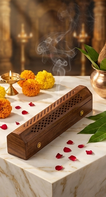 Triptych of incense burners on a marble surface with flowers and petals.