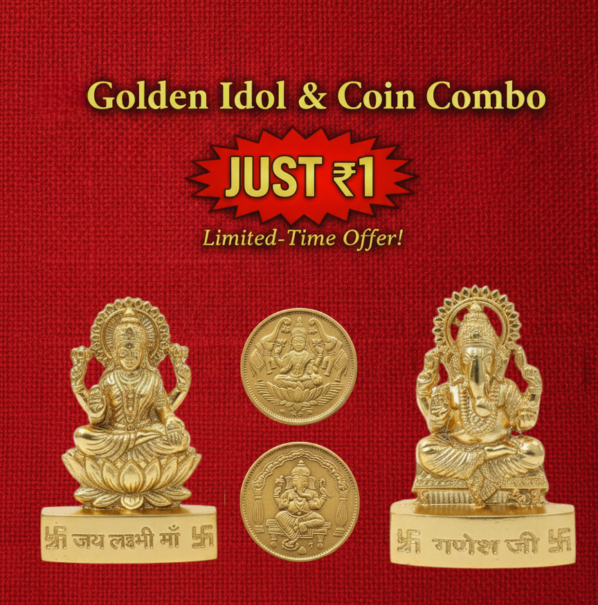 Brass Ganesh and Lakshmi Idols and coins combo