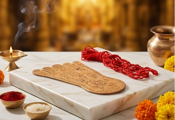 Collage of images showing a wooden foot mold, red thread, and decorative items on a marble surface with a warm background.