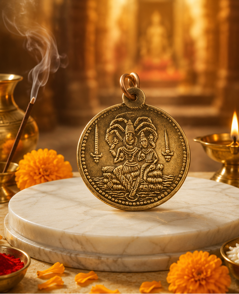 Lakshmi Narasimha sacred pendant with detailed engraving symbolizing divine protection, prosperity, courage, spiritual blessings, and positive energy.