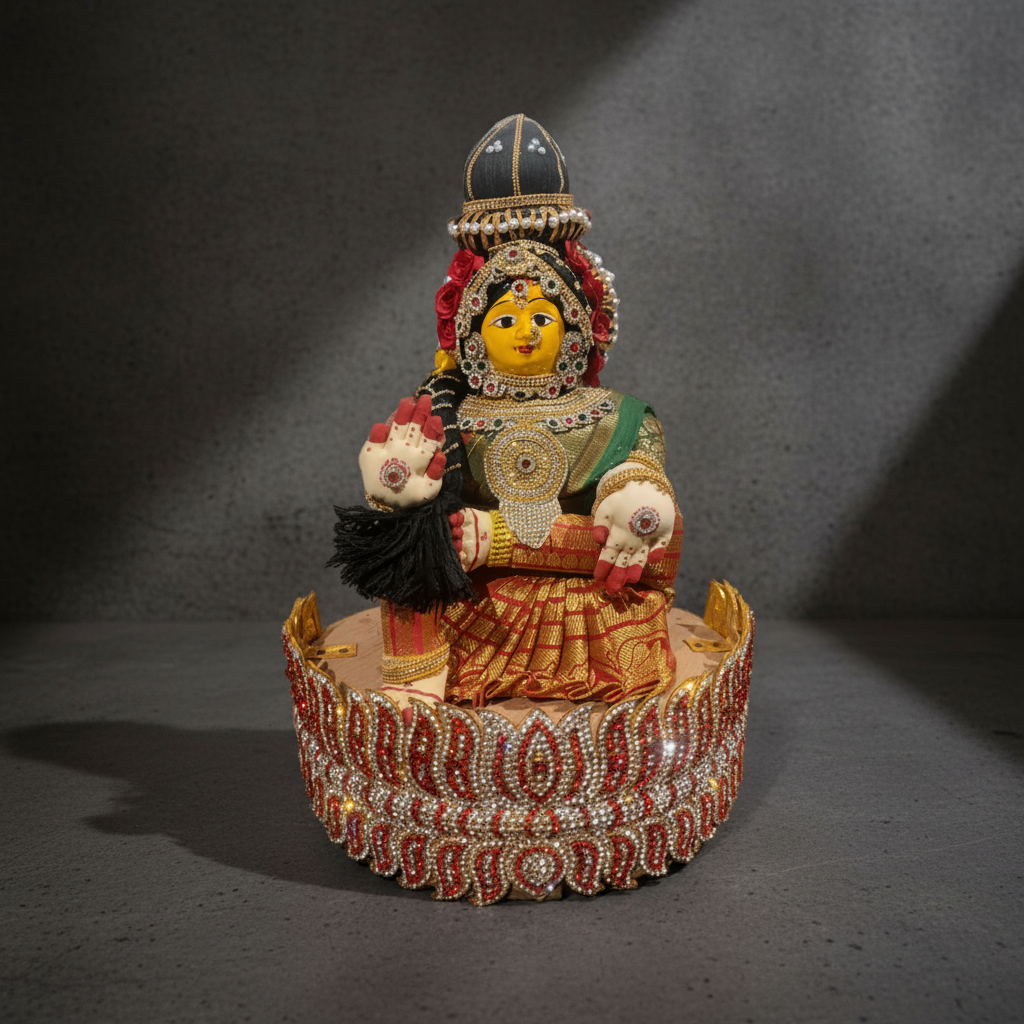 A decorative Hindu deity idol, likely Lakshmi, seated on a decorated pedestal. The idol features a yellow face, red and gold attire, and is adorned with small white stones.