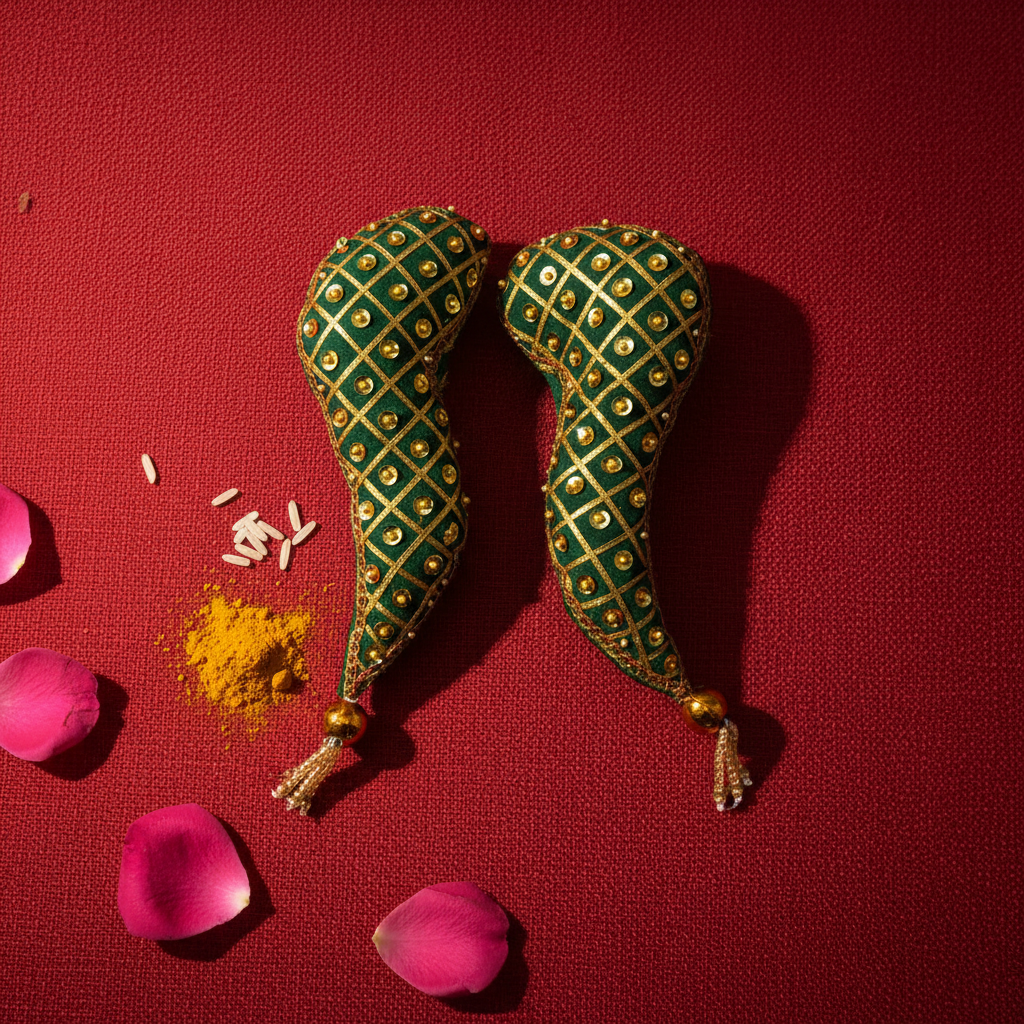 A pair of traditional Indian green silk turban patti (groom) accessories decorated with gold zari embroidery, gold mirror work, and small gold tassels, shown against a plain white background.