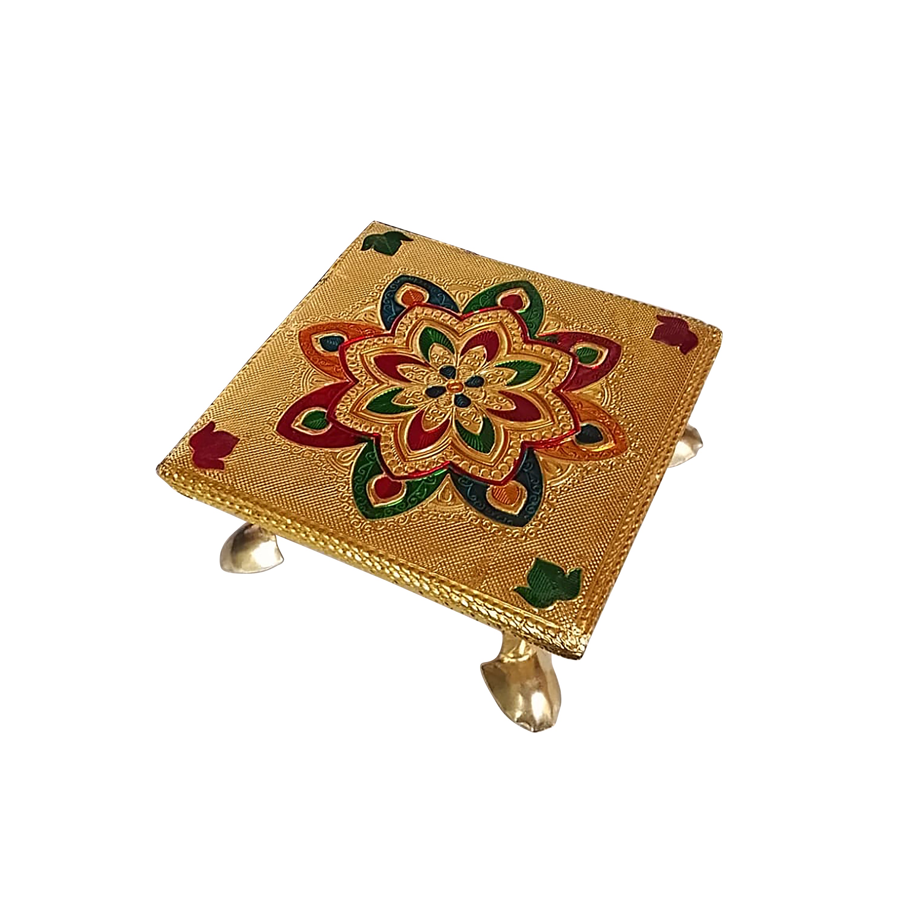 Gold-Plated Metal Pooja Chowki – 5x5 Meenakari Peeta