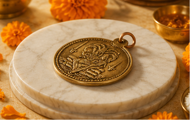 Bronze pendant with religious design on a marble stand with candles and flowers in the background