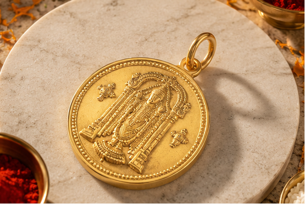 Gold pendant on a marble surface with floral decorations and candles in a warm setting.