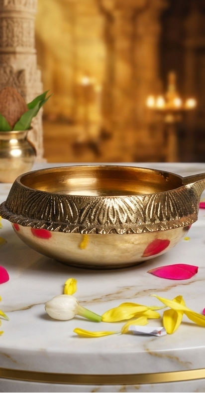 Three images of a gold lamp on a marble surface with flowers and candles in the background.