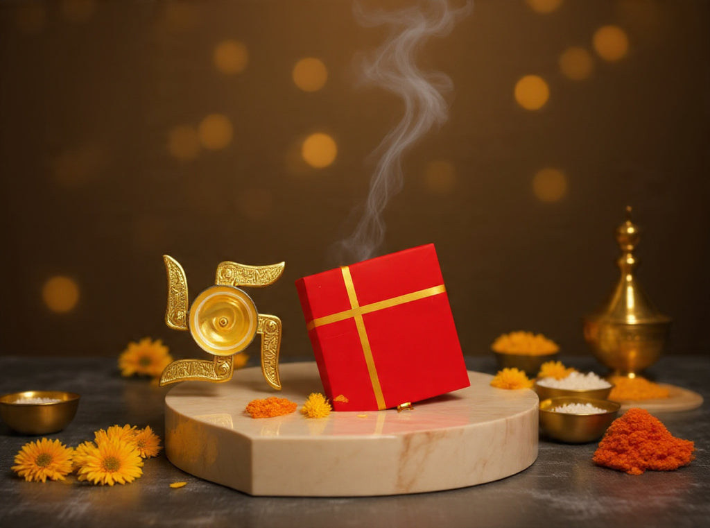 Decorative setup with a red gift box, gold symbols, and flowers on a dark background.
