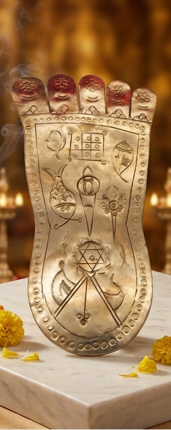 Three images of a metallic foot sculpture with intricate designs on a decorative background.