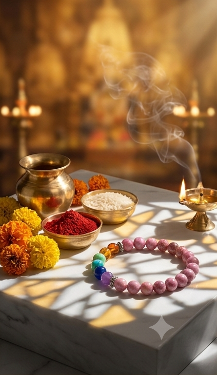 Three panels showing a colorful bracelet, bowls, and decorative items on a table with a warm, blurred background.