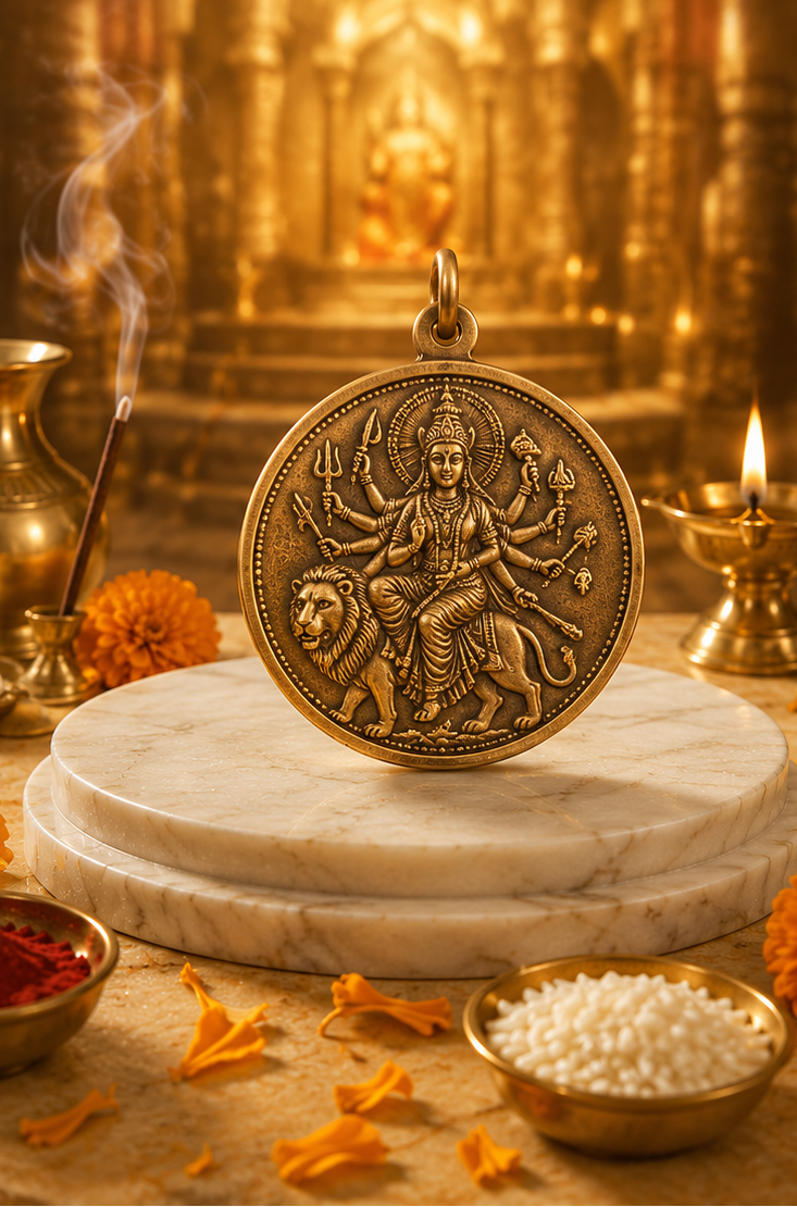 Collage of a gold pendant with intricate designs on a marble stand, surrounded by decorative items.