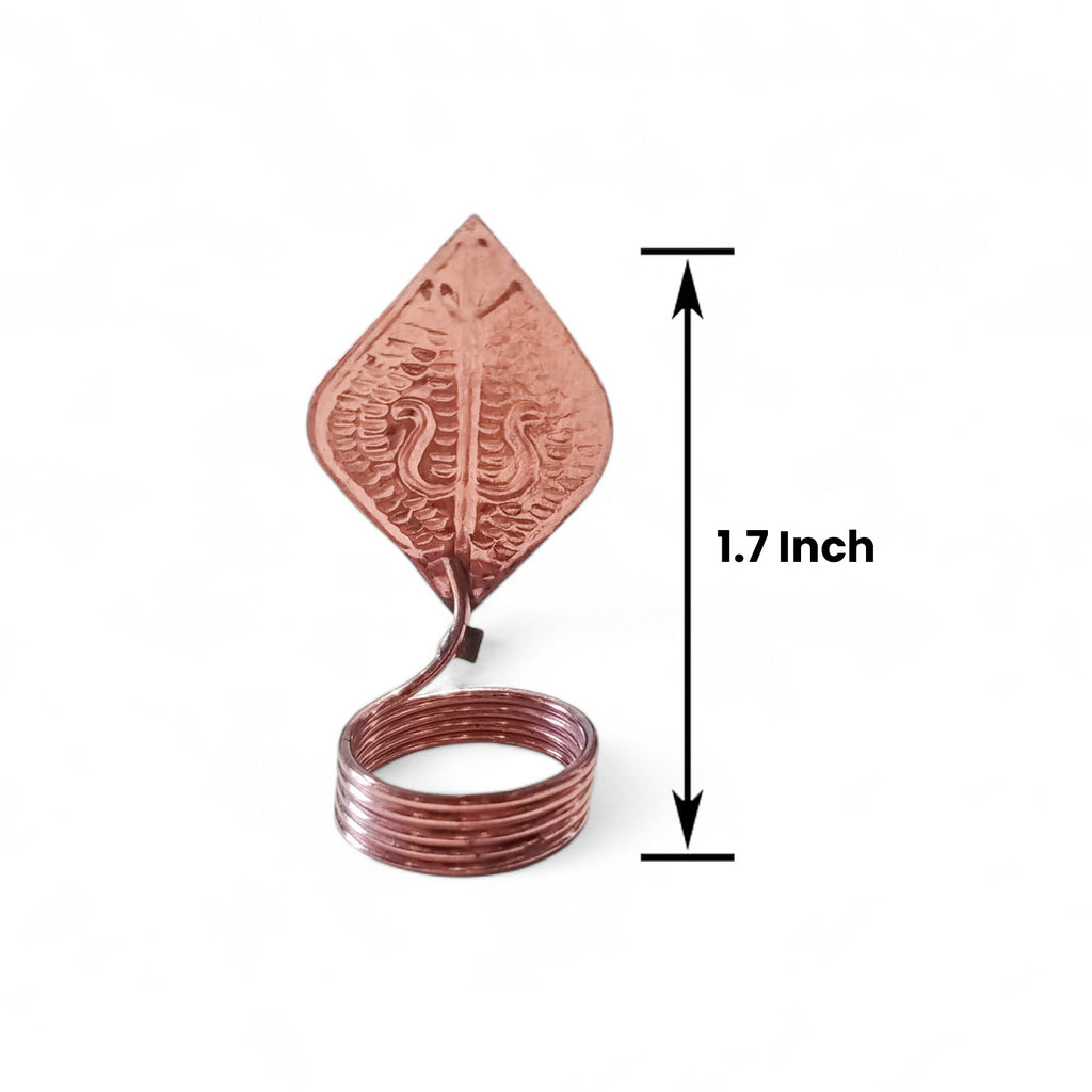 Copper-colored decorative item with measurements on a white background