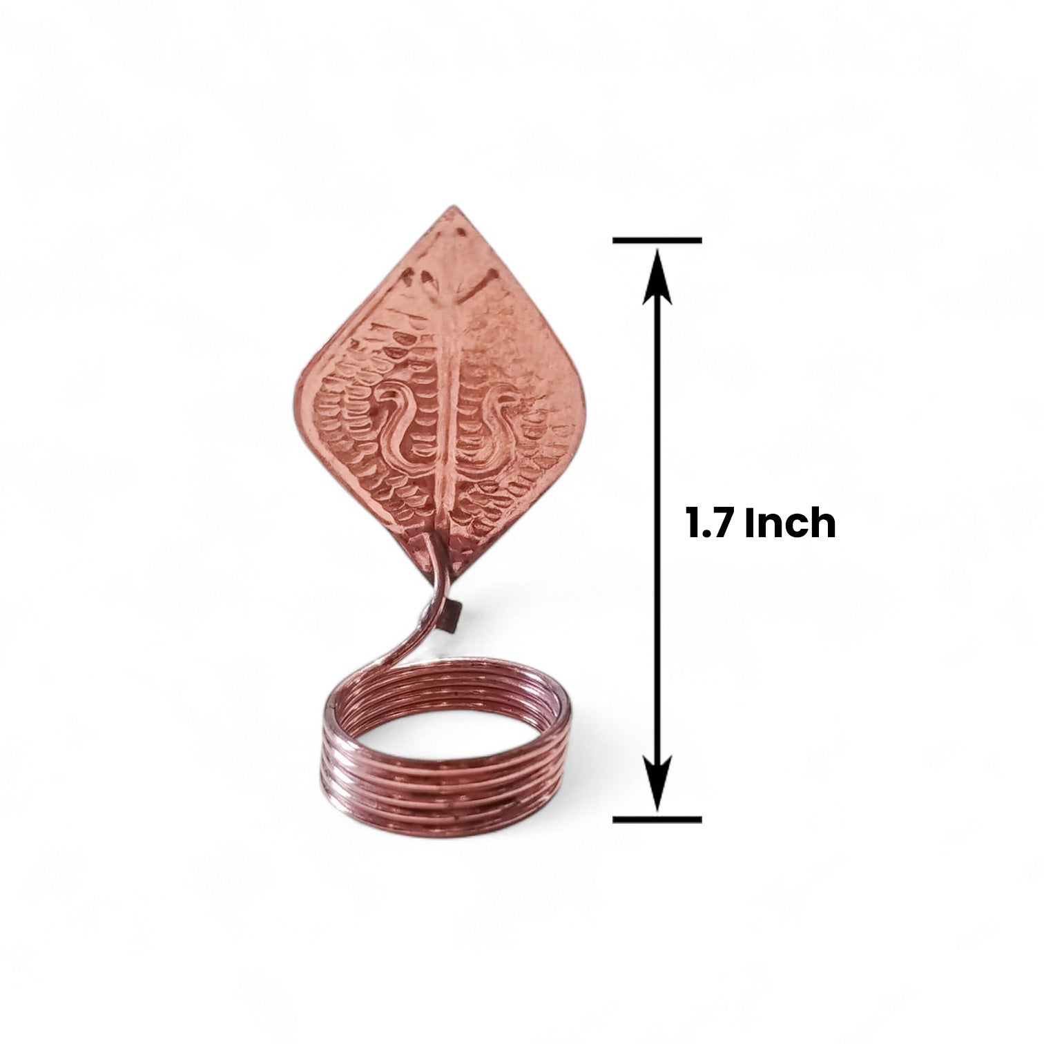 Copper-colored decorative item with measurements on a white background