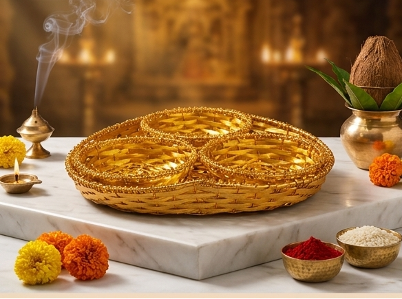 Collage of a woven golden basket on a marble surface with decorative elements.